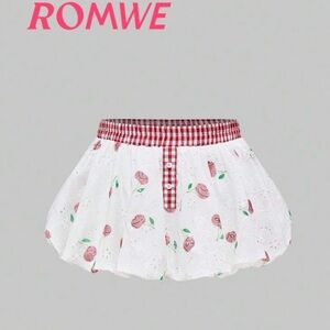 Floral Eyelet Mini Skirt with Gingham Waistband - White/Pink
